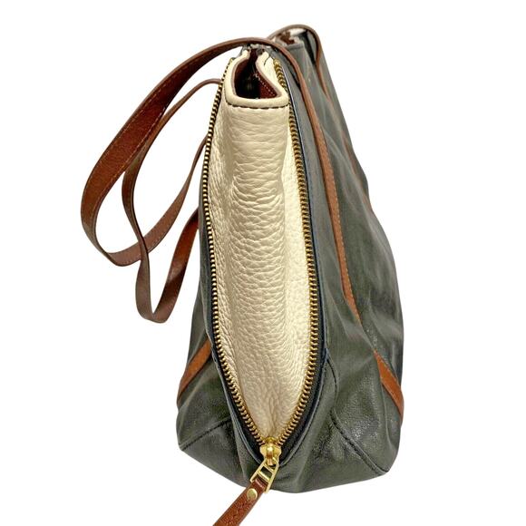 Boho Fossil Black & Brown Leather Tote Purse Hobo Bag Expandable Side Zippers - Picture 4 of 10